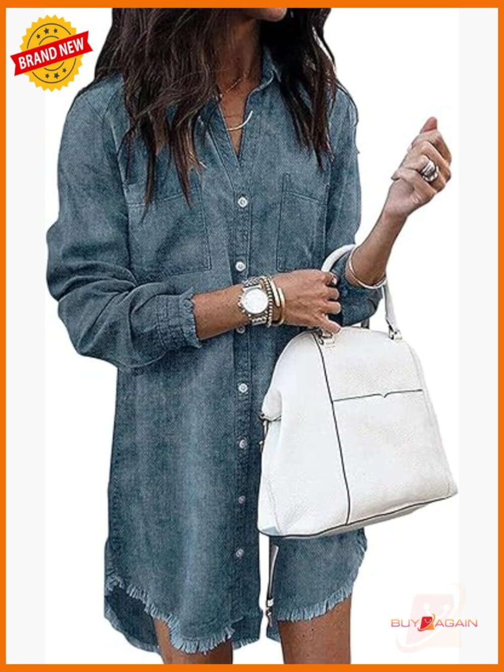 Denim Shirt Dress Long Sleeve Button Down Tunic Above Knee